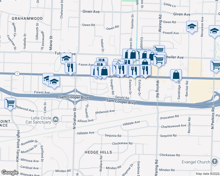map of restaurants, bars, coffee shops, grocery stores, and more near 609 Vaughn Road in Memphis