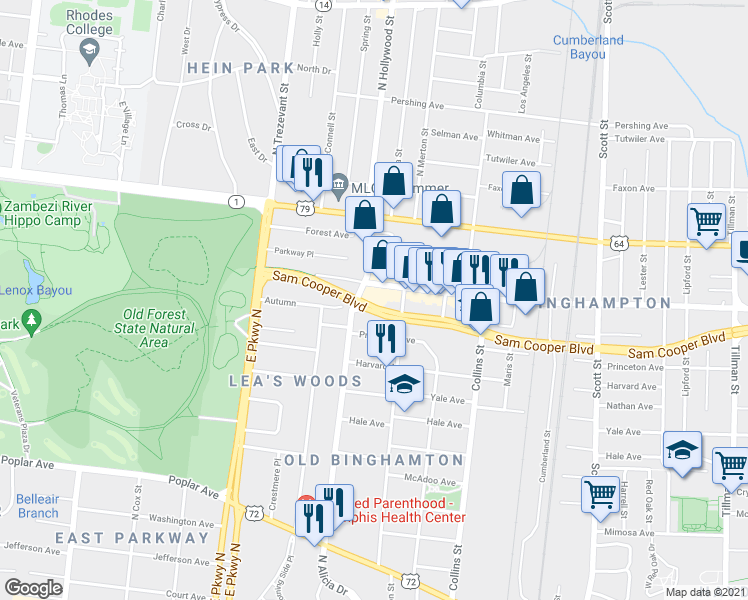 map of restaurants, bars, coffee shops, grocery stores, and more near 445 North Hollywood Street in Memphis