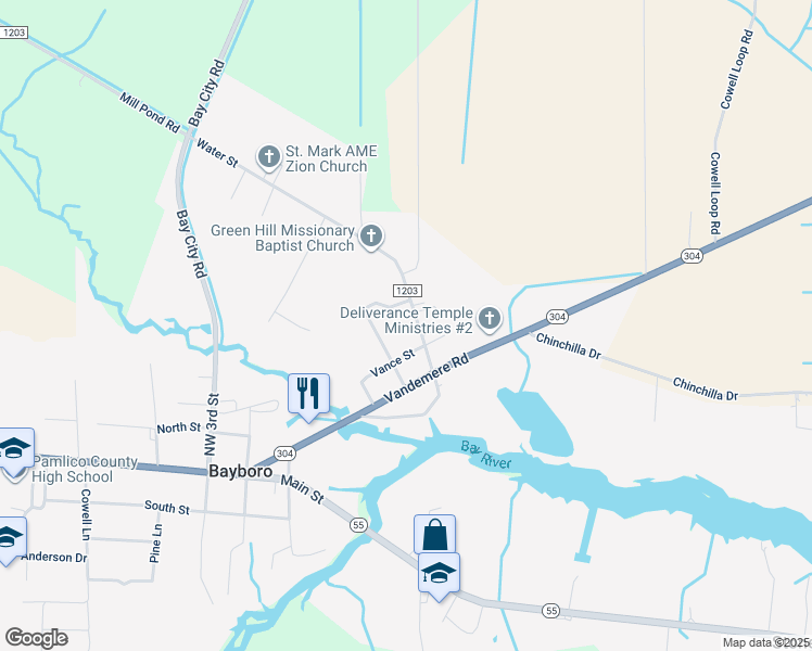 map of restaurants, bars, coffee shops, grocery stores, and more near 204 Water Street in Bayboro