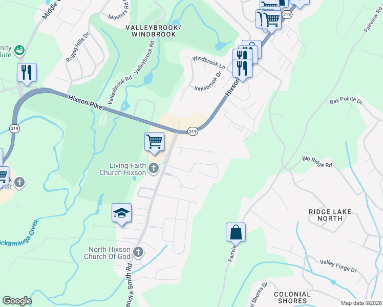 map of restaurants, bars, coffee shops, grocery stores, and more near 6011 Ridgeview Circle in Chattanooga