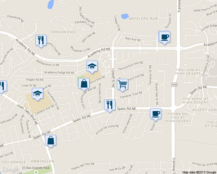 map of restaurants, bars, coffee shops, grocery stores, and more near 8501 Lowell Street Northeast in Albuquerque