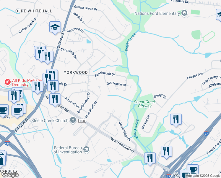 map of restaurants, bars, coffee shops, grocery stores, and more near 7515 Bradgate Road in Charlotte