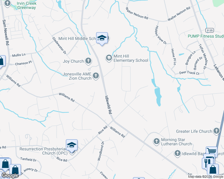 map of restaurants, bars, coffee shops, grocery stores, and more near 11735 Idlewild Road in Matthews
