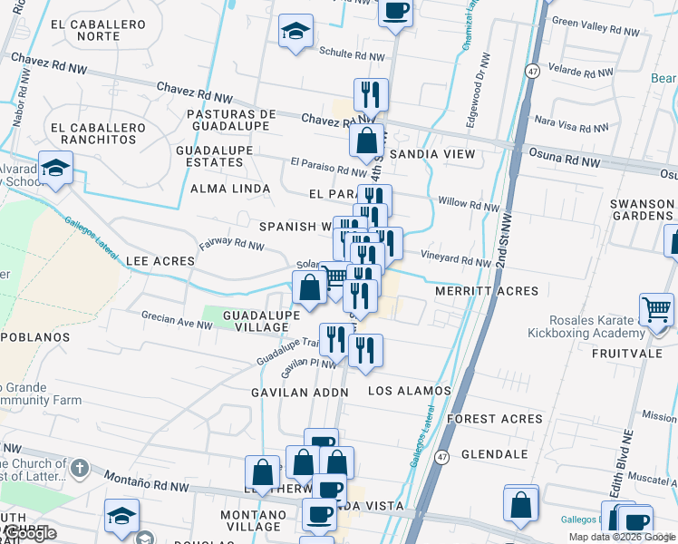 map of restaurants, bars, coffee shops, grocery stores, and more near 6201 Sabre Court Northwest in Albuquerque