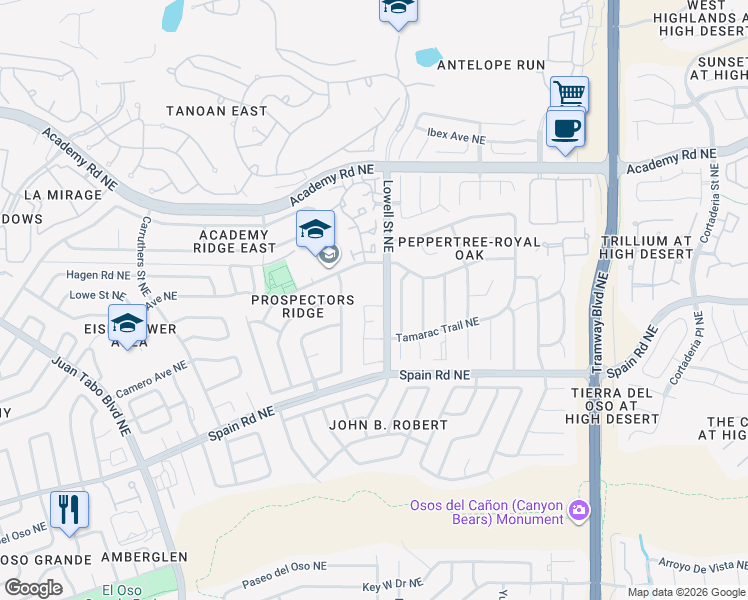 map of restaurants, bars, coffee shops, grocery stores, and more near 8501 Lowell St NE in Albuquerque
