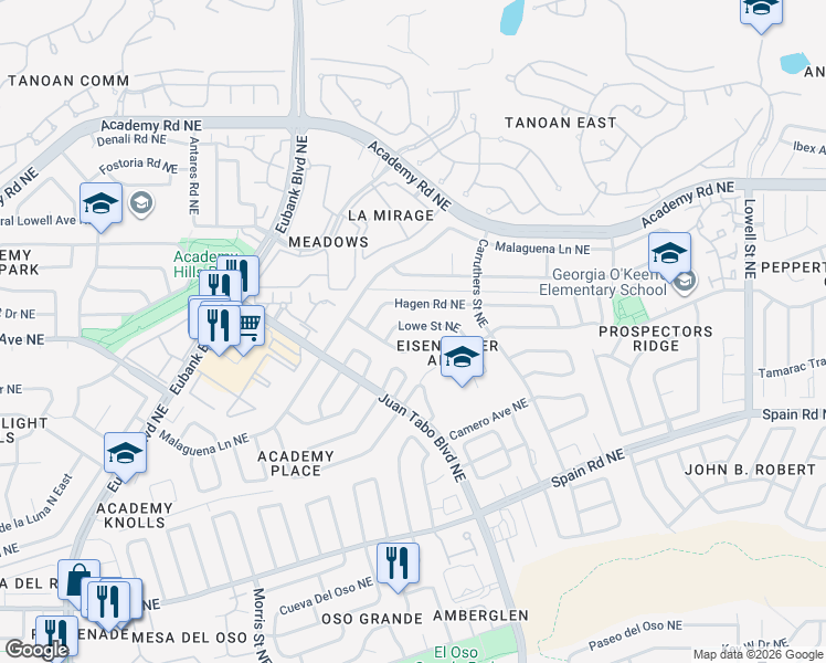 map of restaurants, bars, coffee shops, grocery stores, and more near 10733 Lowe Street Northeast in Albuquerque