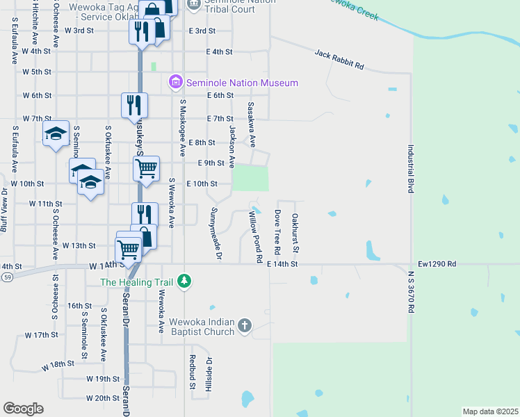 map of restaurants, bars, coffee shops, grocery stores, and more near 1024 Willow Pond Road in Wewoka