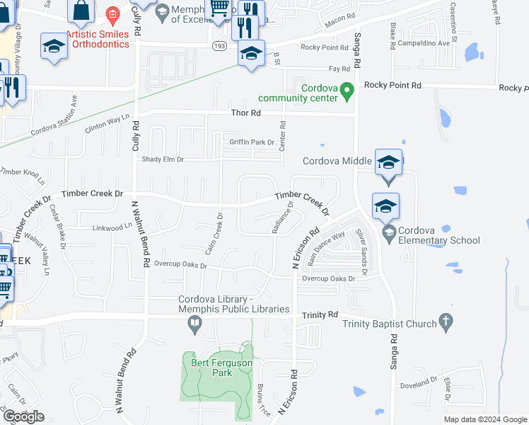 map of restaurants, bars, coffee shops, grocery stores, and more near 8584 Afterglow Cove in Memphis