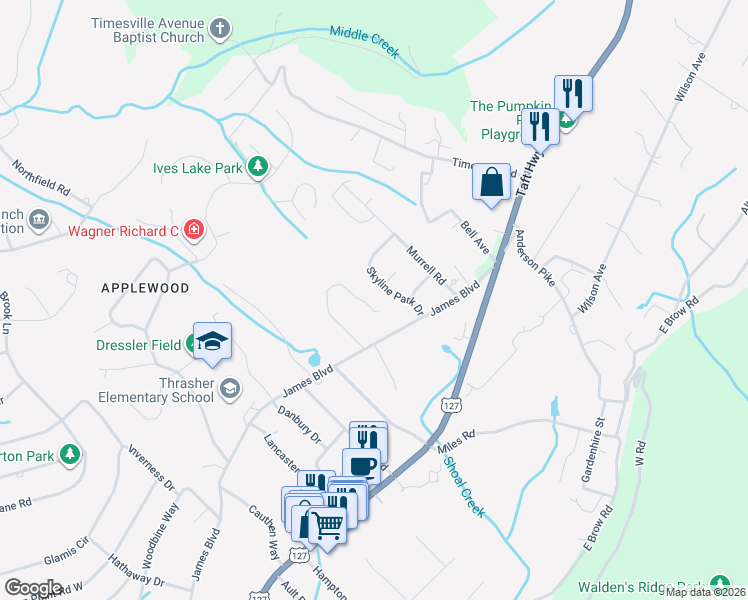 map of restaurants, bars, coffee shops, grocery stores, and more near 815 Skyline Park Drive in Signal Mountain