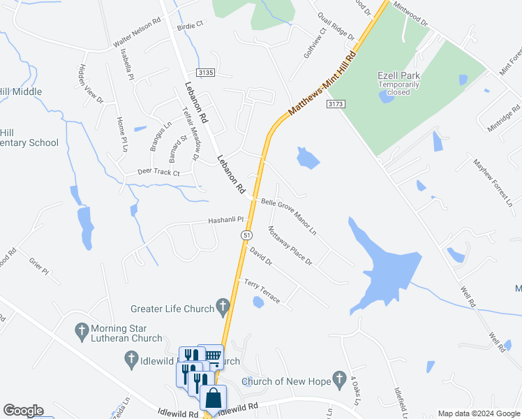map of restaurants, bars, coffee shops, grocery stores, and more near 13104 Belle Grove Manor Lane in Matthews