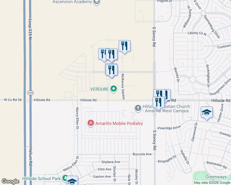 map of restaurants, bars, coffee shops, grocery stores, and more near 5701 Time Square Boulevard in Amarillo