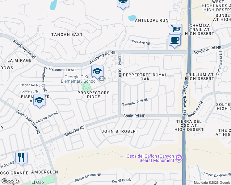 map of restaurants, bars, coffee shops, grocery stores, and more near 5801 Lowell Street Northeast in Albuquerque