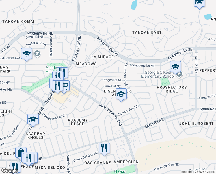 map of restaurants, bars, coffee shops, grocery stores, and more near 10733 Lowe Street Northeast in Albuquerque