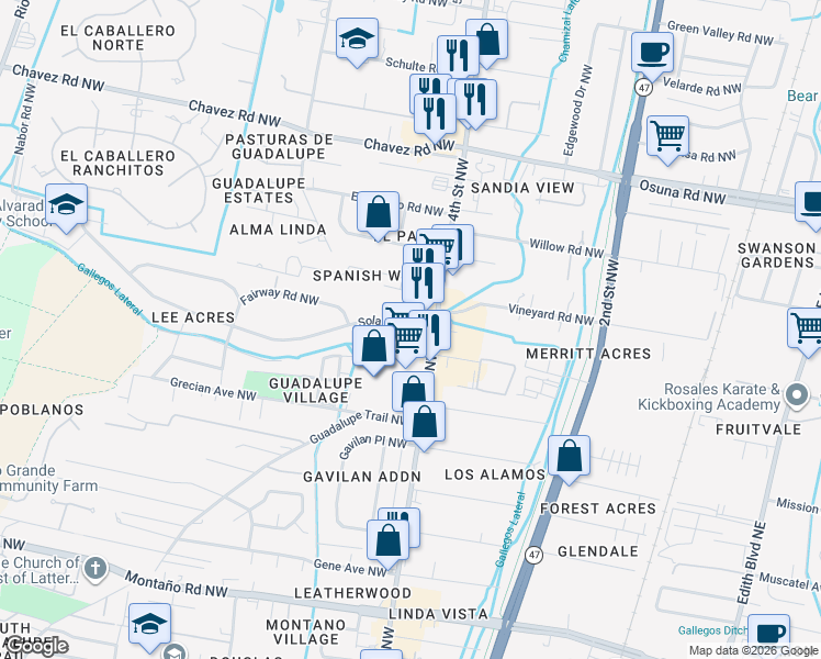 map of restaurants, bars, coffee shops, grocery stores, and more near 6201 Sabre Court Northwest in Albuquerque