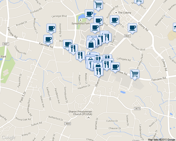 map of restaurants, bars, coffee shops, grocery stores, and more near 4732 Sharon Road in Charlotte