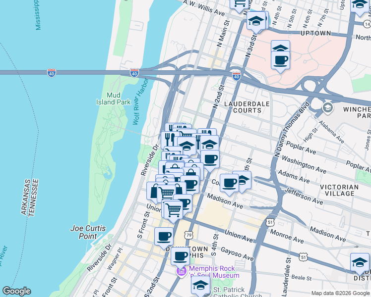 map of restaurants, bars, coffee shops, grocery stores, and more near 0 Highway 3 in Memphis
