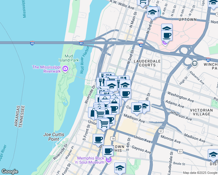 map of restaurants, bars, coffee shops, grocery stores, and more near in Memphis