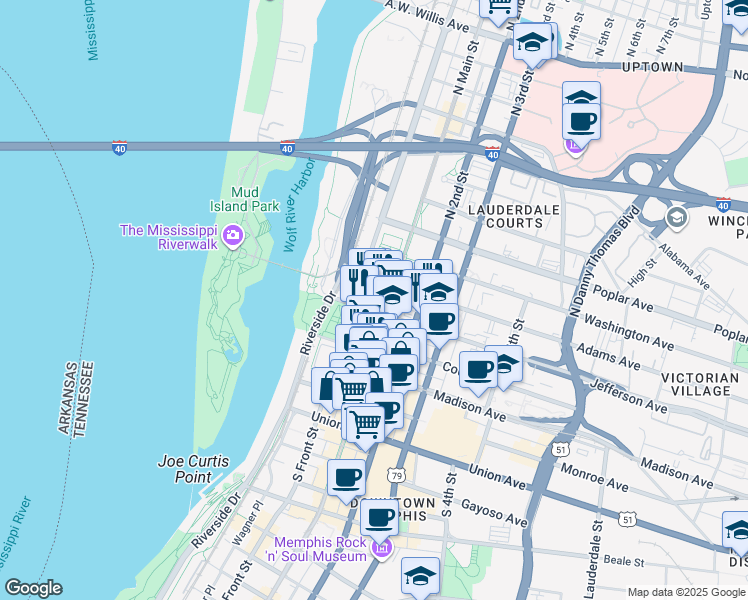 map of restaurants, bars, coffee shops, grocery stores, and more near in Memphis