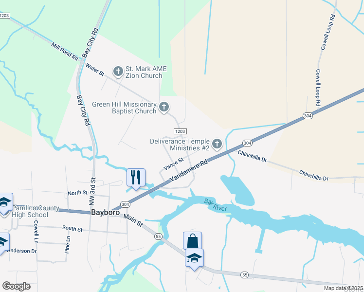 map of restaurants, bars, coffee shops, grocery stores, and more near 204 Water Street in Bayboro