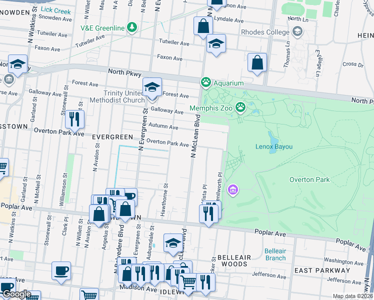 map of restaurants, bars, coffee shops, grocery stores, and more near 1839 Overton Park Avenue in Memphis