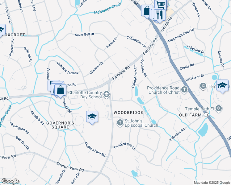 map of restaurants, bars, coffee shops, grocery stores, and more near 1415 Carmel Road in Charlotte