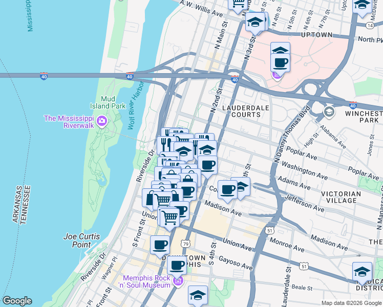 map of restaurants, bars, coffee shops, grocery stores, and more near 118 Adams Avenue in Memphis