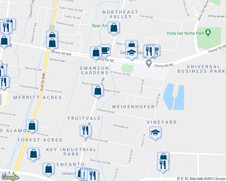 map of restaurants, bars, coffee shops, grocery stores, and more near 503 Niagara Road Northeast in Albuquerque
