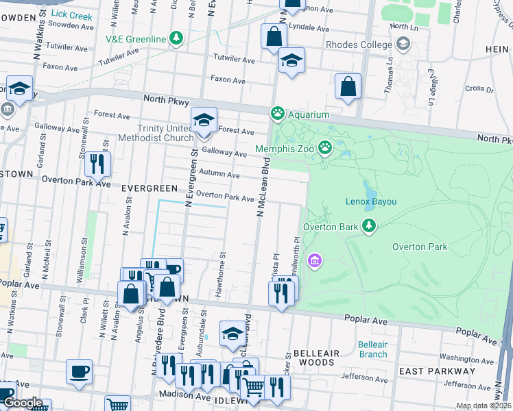 map of restaurants, bars, coffee shops, grocery stores, and more near 1839 Overton Park Avenue in Memphis
