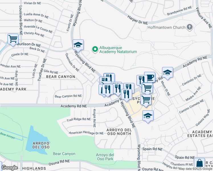 map of restaurants, bars, coffee shops, grocery stores, and more near 5901 Wyoming Boulevard Northeast in Albuquerque
