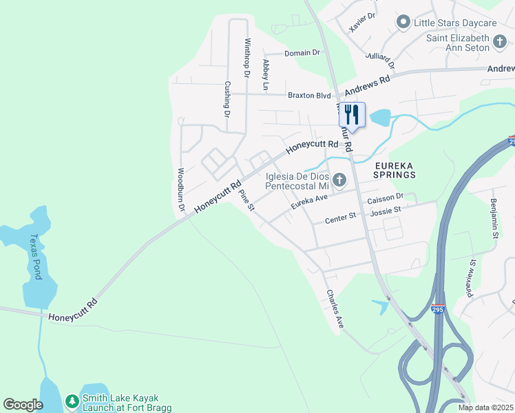 map of restaurants, bars, coffee shops, grocery stores, and more near 6334 Pine Street in Fayetteville