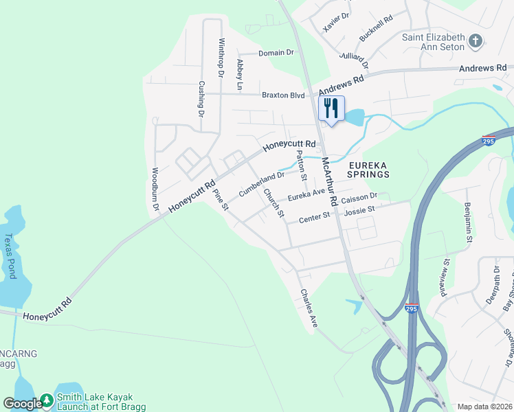 map of restaurants, bars, coffee shops, grocery stores, and more near 1733 Cumberland Drive in Fayetteville