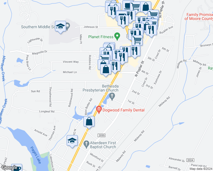 map of restaurants, bars, coffee shops, grocery stores, and more near 301 John McQueen Road in Aberdeen