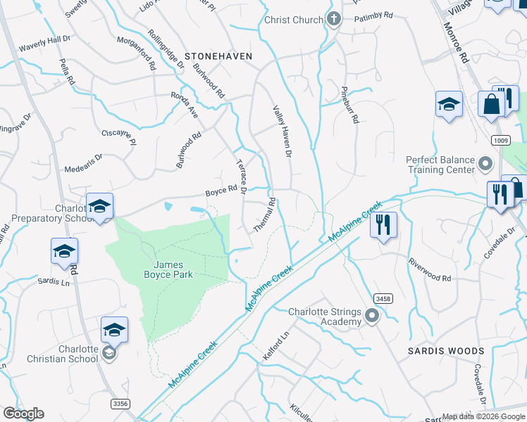 map of restaurants, bars, coffee shops, grocery stores, and more near 728 Peranna Place in Charlotte