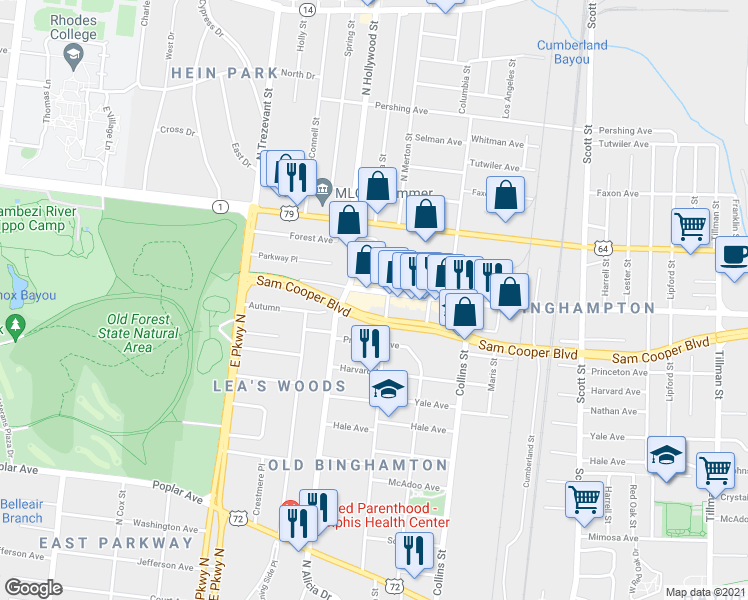 map of restaurants, bars, coffee shops, grocery stores, and more near 2497 Broad Avenue in Memphis