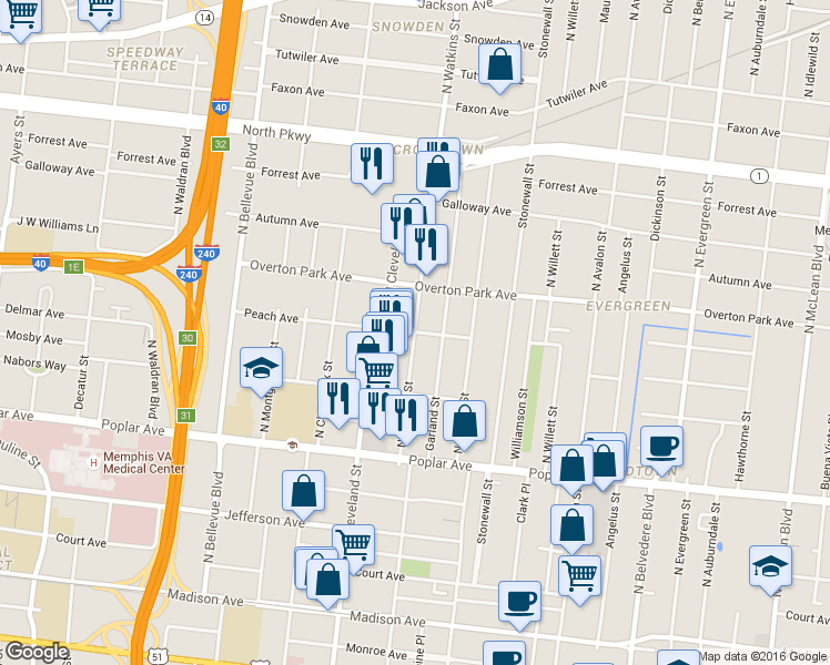 map of restaurants, bars, coffee shops, grocery stores, and more near N Watkins St & Peach Ave in Memphis