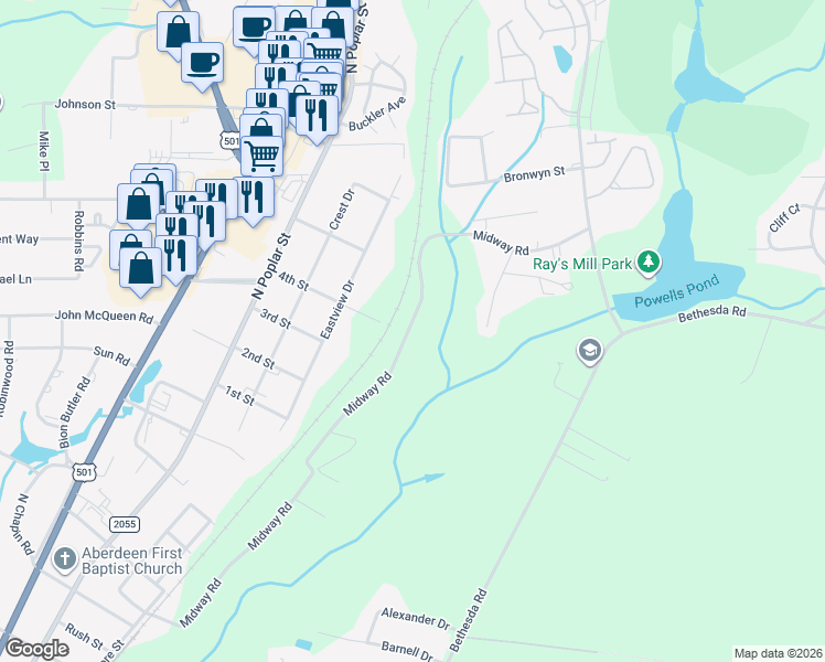 map of restaurants, bars, coffee shops, grocery stores, and more near 592 Midway Road in Aberdeen
