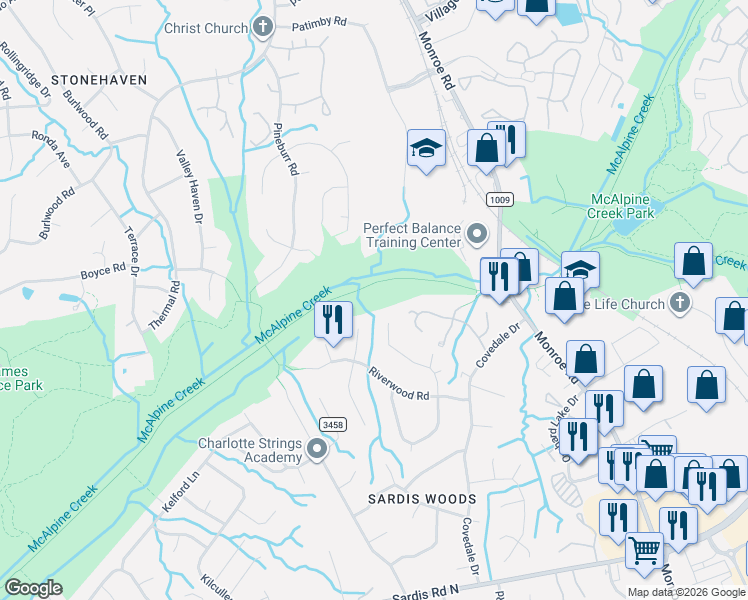 map of restaurants, bars, coffee shops, grocery stores, and more near 7643 Winterset Drive in Charlotte