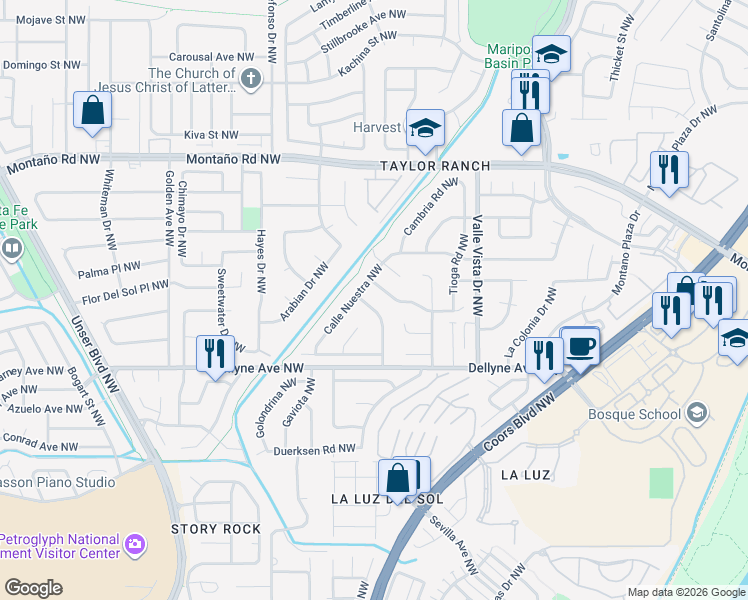 map of restaurants, bars, coffee shops, grocery stores, and more near 5424 Las Trampas Way Northwest in Albuquerque
