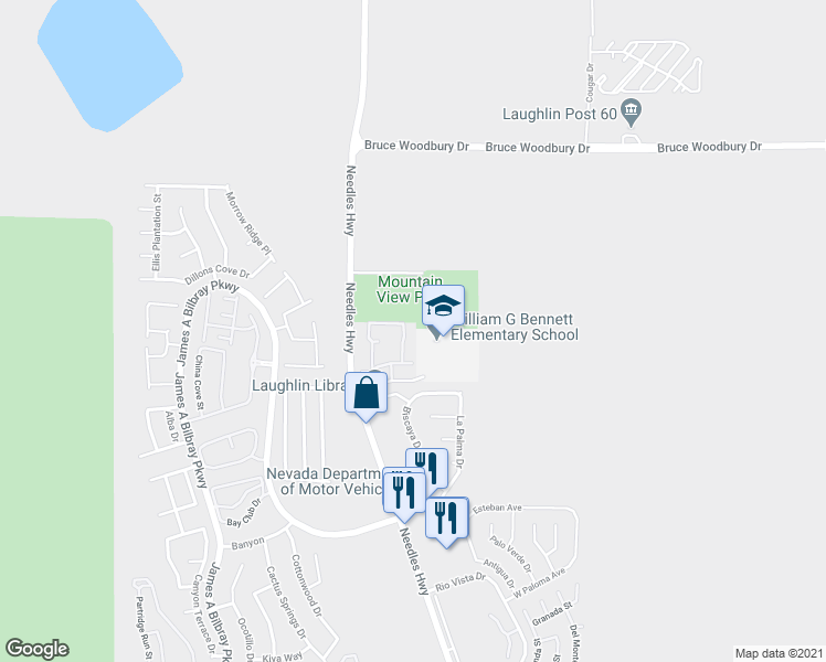 map of restaurants, bars, coffee shops, grocery stores, and more near 1928 Las Palmas Lane in Laughlin