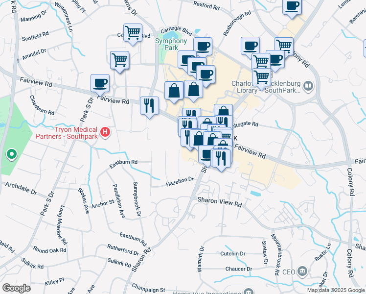 map of restaurants, bars, coffee shops, grocery stores, and more near 4732 Sharon Road in Charlotte