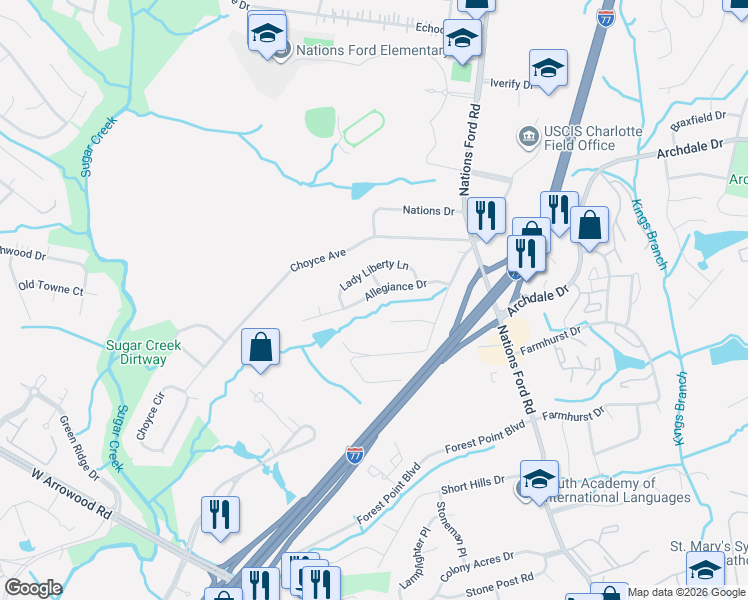 map of restaurants, bars, coffee shops, grocery stores, and more near in Charlotte