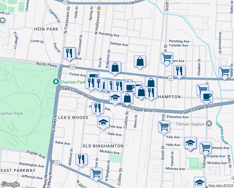 map of restaurants, bars, coffee shops, grocery stores, and more near 480 North Bingham Street in Memphis