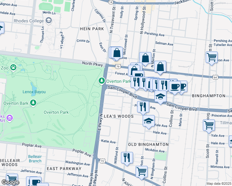 map of restaurants, bars, coffee shops, grocery stores, and more near 2367 Autumn in Memphis