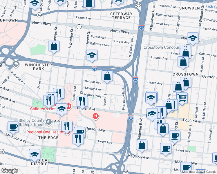 map of restaurants, bars, coffee shops, grocery stores, and more near 1039 Delmar Avenue in Memphis
