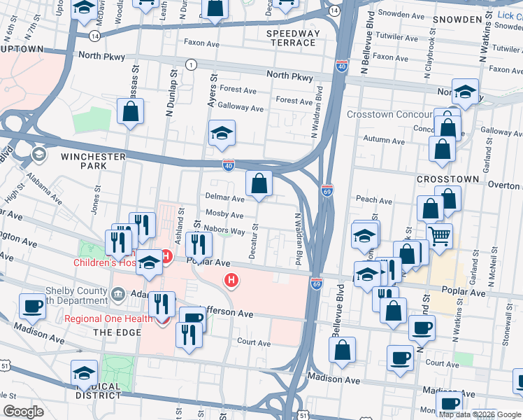 map of restaurants, bars, coffee shops, grocery stores, and more near 1039 Delmar Avenue in Memphis