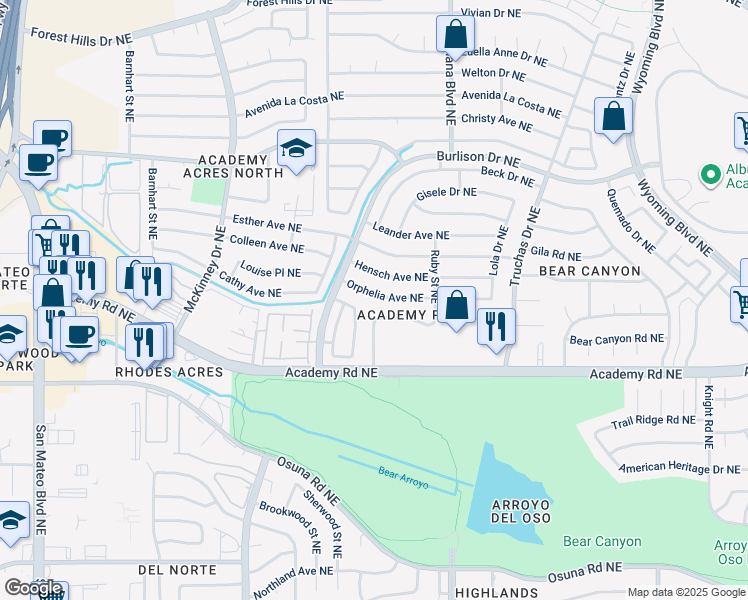 map of restaurants, bars, coffee shops, grocery stores, and more near 6624 Orphelia Avenue Northeast in Albuquerque