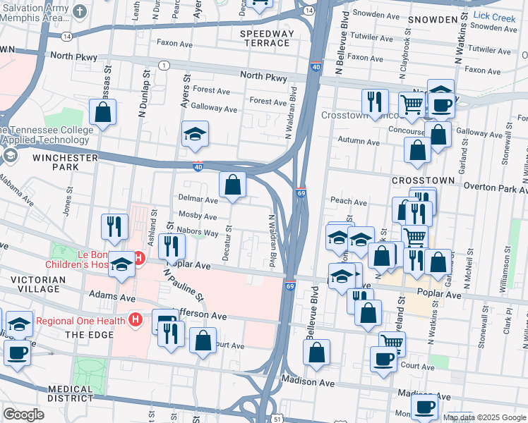map of restaurants, bars, coffee shops, grocery stores, and more near 1081 Delmar Avenue in Memphis