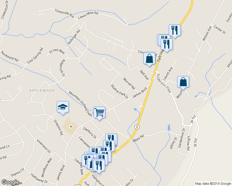 map of restaurants, bars, coffee shops, grocery stores, and more near 815 Skyline Park Drive in Signal Mountain