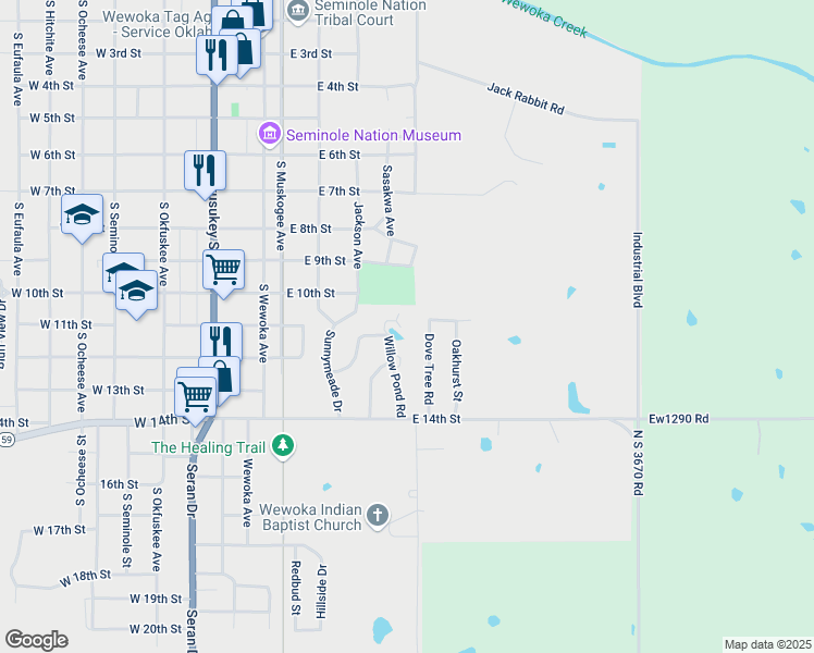 map of restaurants, bars, coffee shops, grocery stores, and more near 1024 Willow Pond Road in Wewoka
