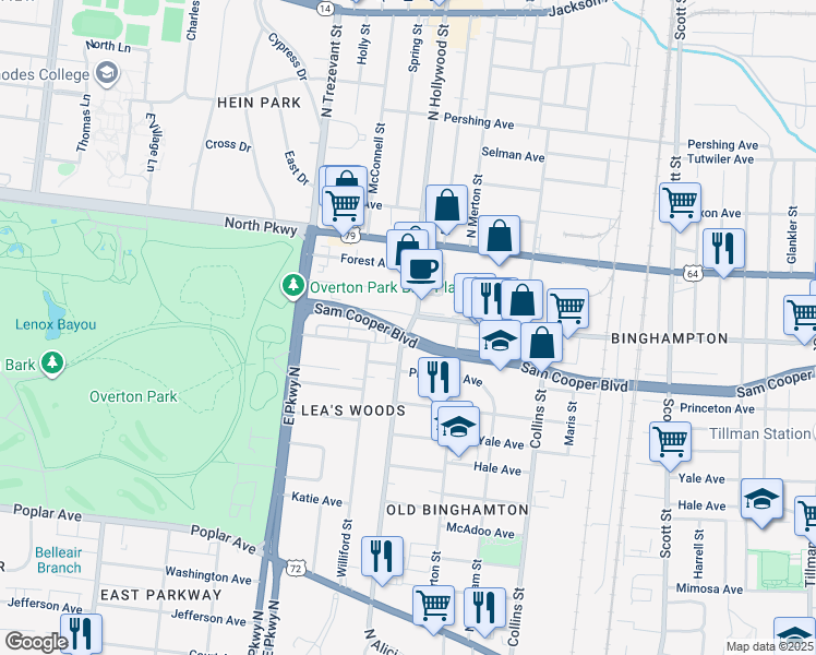 map of restaurants, bars, coffee shops, grocery stores, and more near 445 North Hollywood Street in Memphis